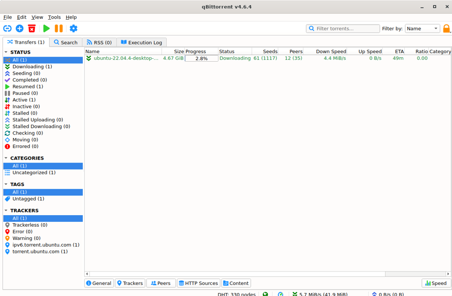 Danh sách torrent và tốc độ trong qBittorrent