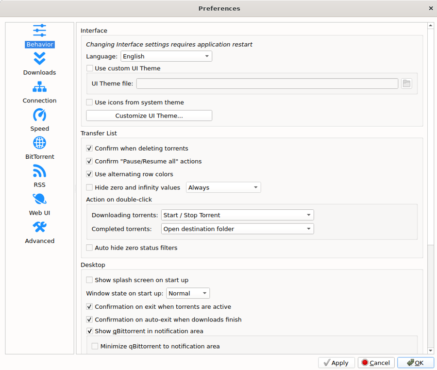Giao diện Preferences của qBittorrent