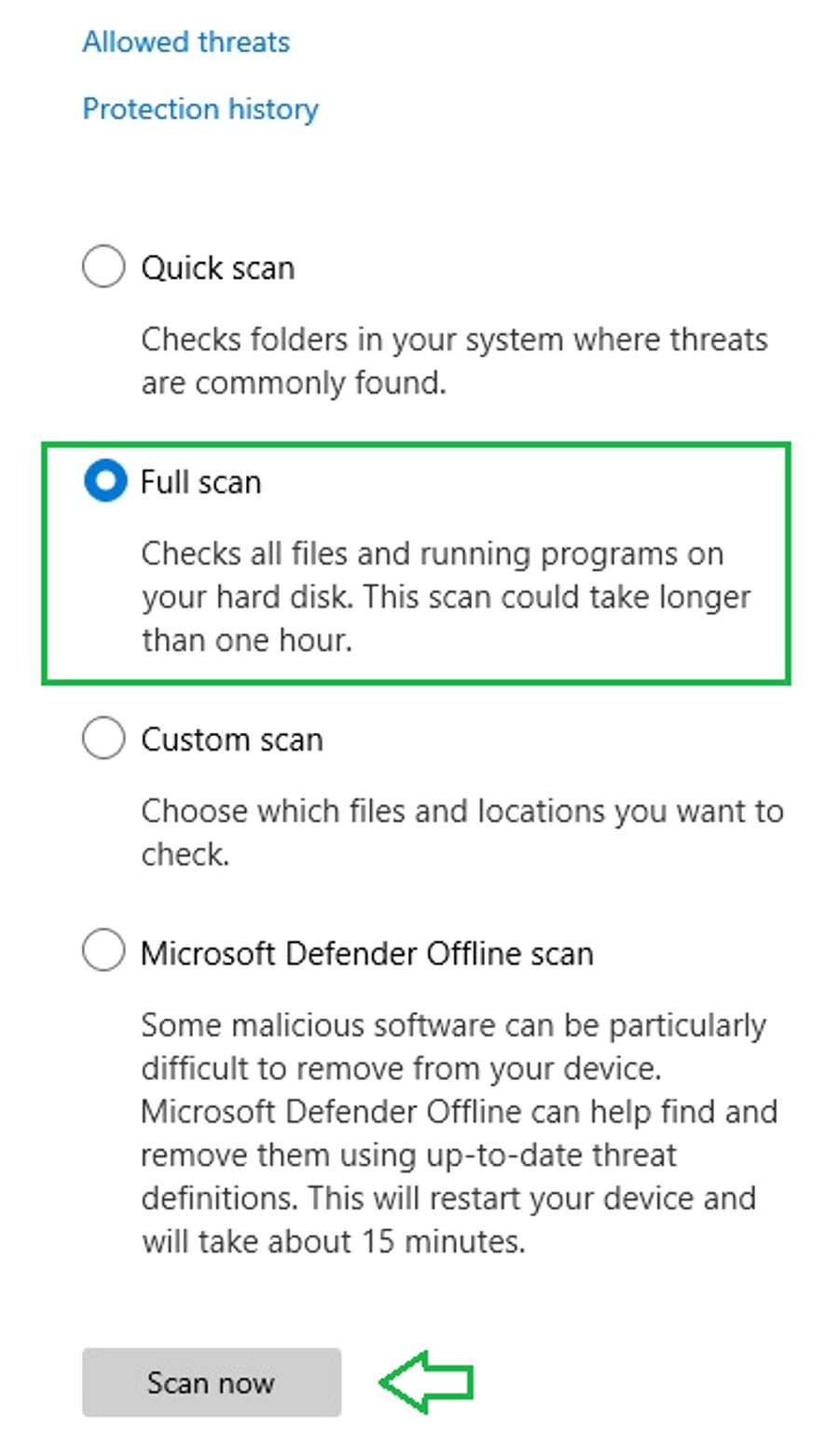Tùy chọn Full scan trong Windows Security