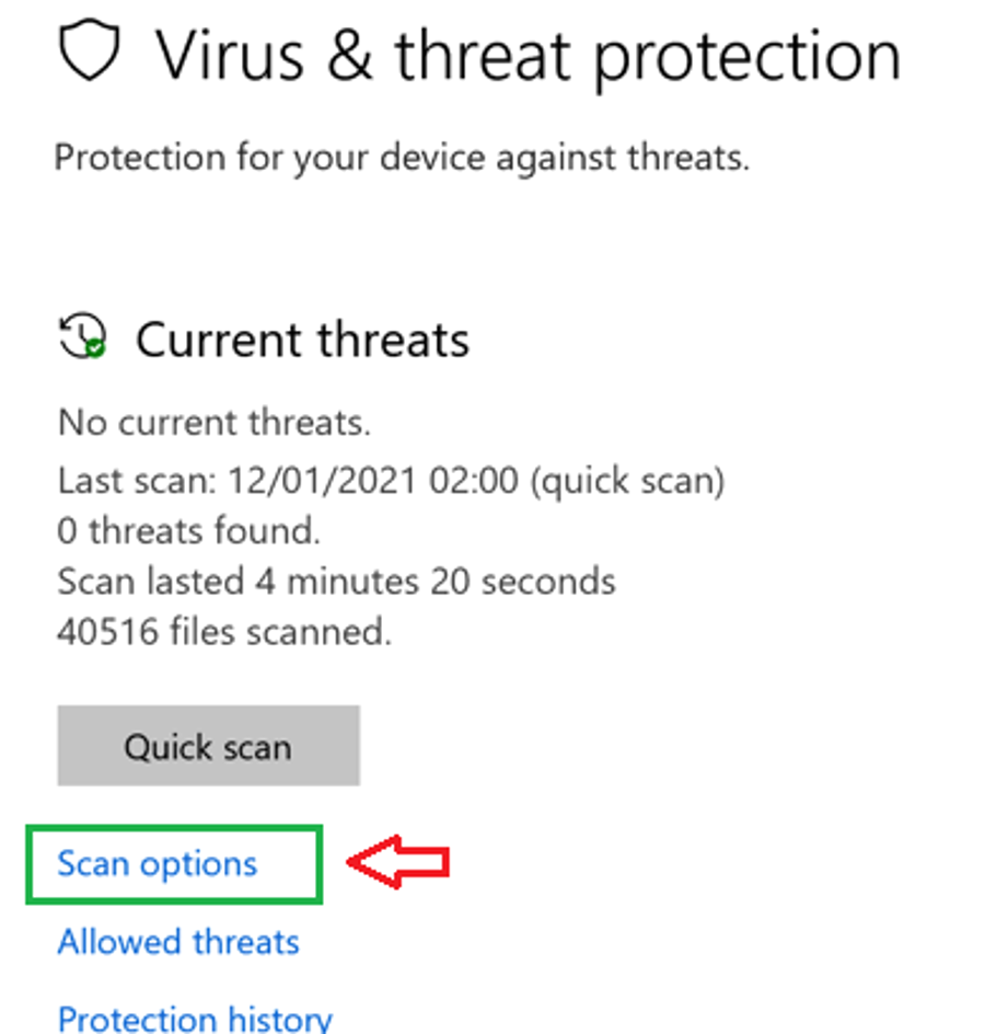 Màn hình Virus & threat protection và liên kết Scan options