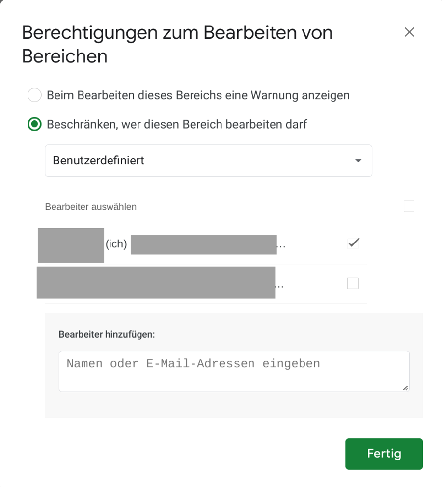 Google Sheets Bearbeiten von Bereichen beschraenken