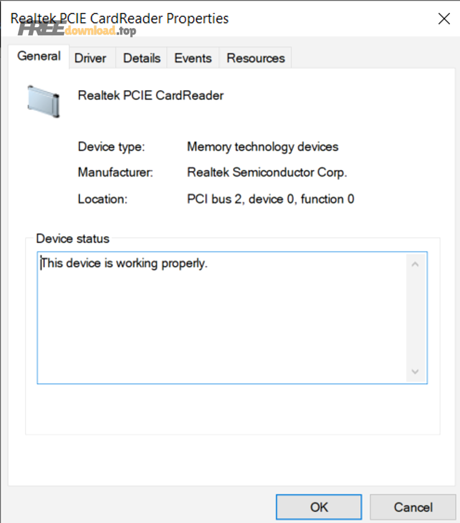 Cửa sổ Properties của Realtek PCIE CardReader trên Windows