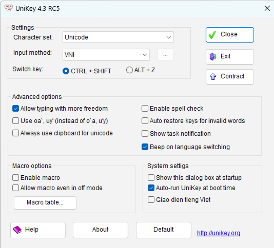 UniKey giao diện tiếng Anh trên Windows