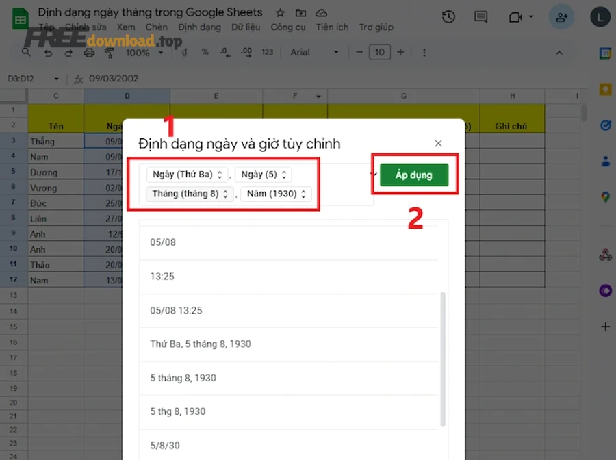 Tuy chinh dinh dang ngay thang trong GG Sheets
