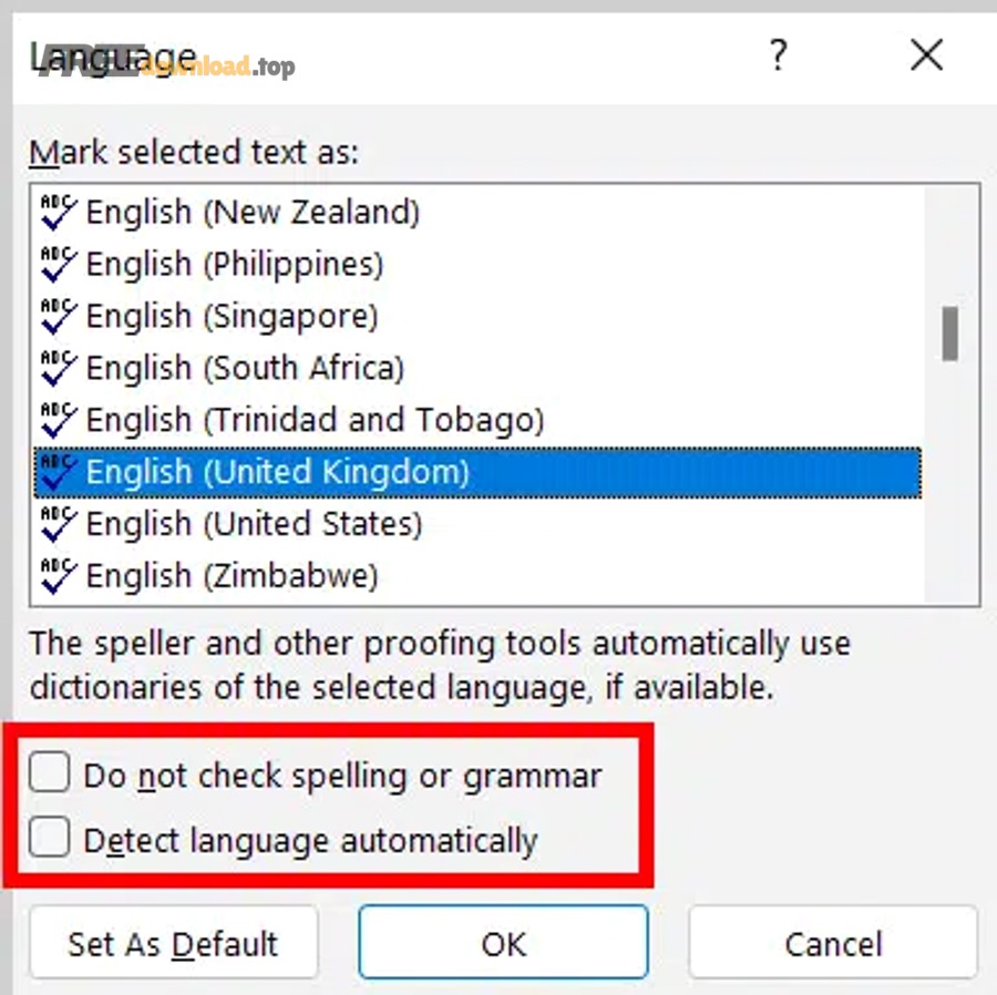 Bật kiểm tra chính tả tiếng Việt Word cho người mới, đúng–sai rõ 5 Word 365 Language Dialog Box Do Not Check and Detect Language Options