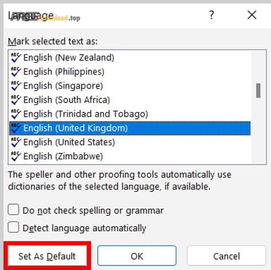 Bật kiểm tra chính tả tiếng Việt Word cho người mới, đúng–sai rõ 8 Word 365 Language Dialog Box Set As Default Button