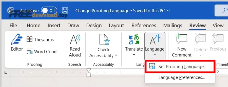 Bật kiểm tra chính tả tiếng Việt Word cho người mới, đúng–sai rõ 4 Word 365 Review Tab Language Menu Set Proofing Language