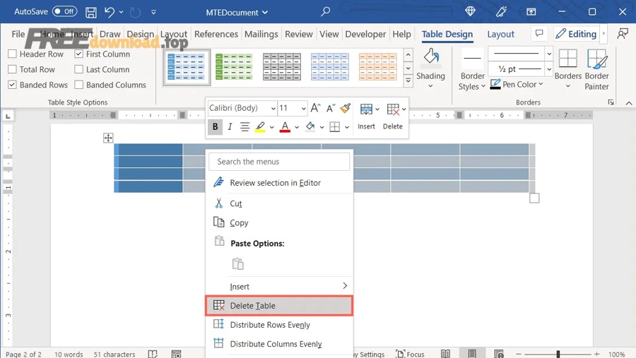 Word Delete Table