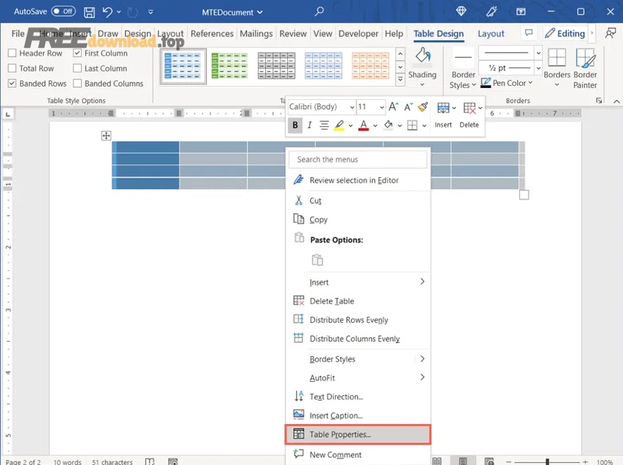 Word Table Properties