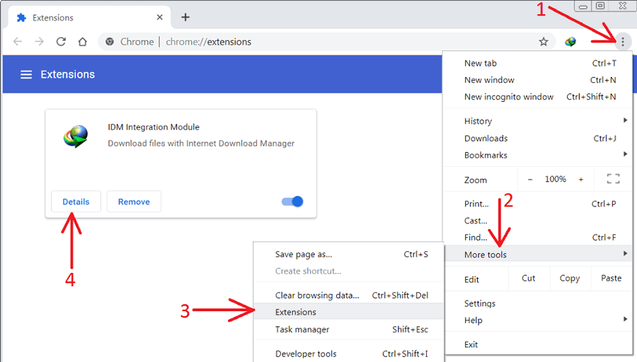 Vào trang Extensions của Chrome để quản lý tiện ích IDM Integration Module