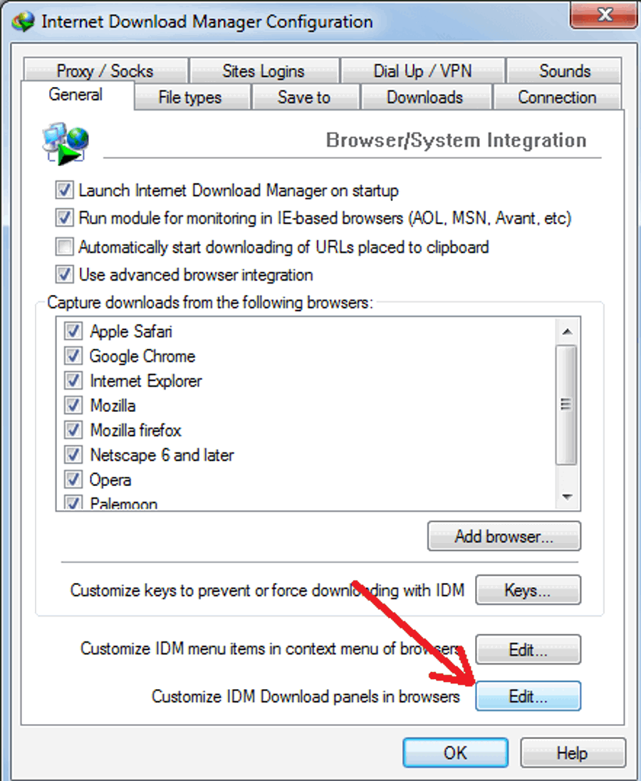 Bật tích hợp trình duyệt trong mục Options - General của IDM