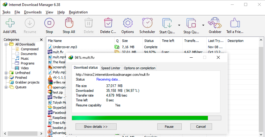 Cửa sổ tải xuống và trạng thái tải của IDM