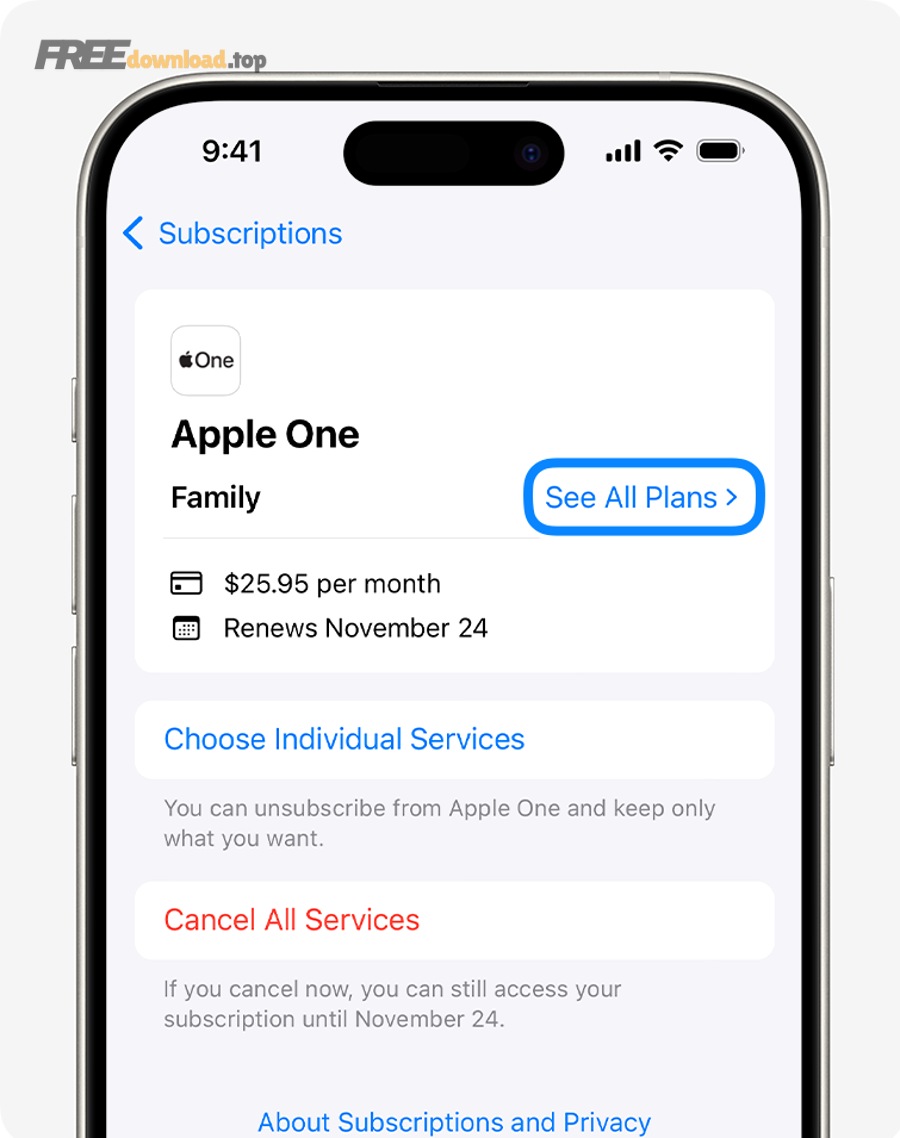 Màn hình Subscriptions trên iPhone và nút See All Plans