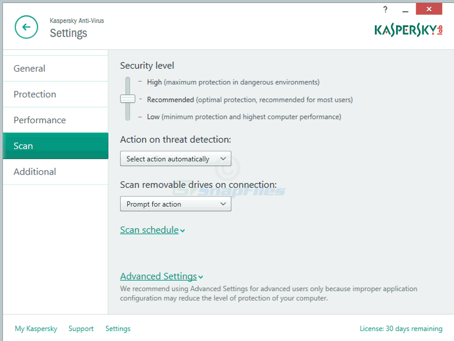 Thiết lập mức bảo vệ và quét trong Kaspersky
