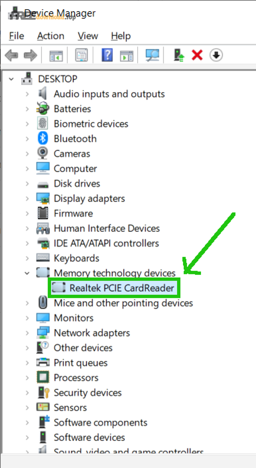 Device Manager hiển thị Realtek PCIE CardReader