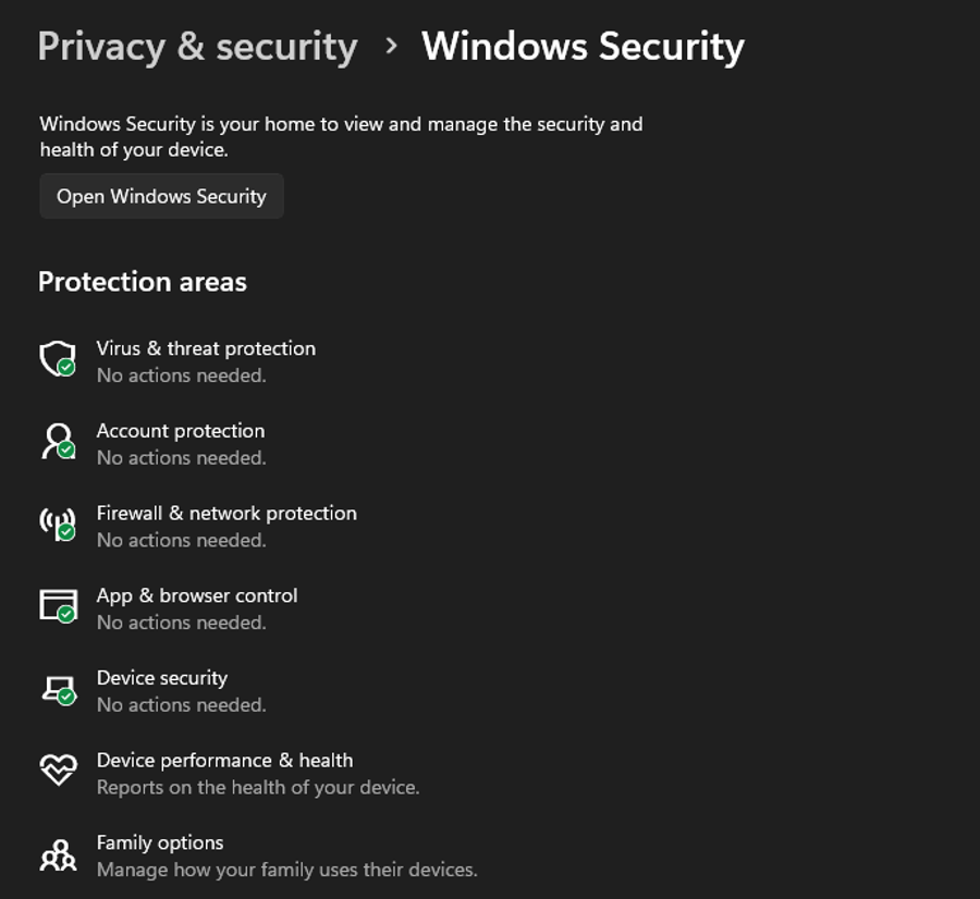 Windows Settings hiển thị các khu vực bảo vệ của Windows Security
